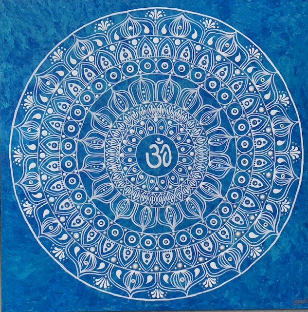 Blue Mandala with Ohm and Crystals- Medium=Acrylic on Canvas - 24" x 24". $350