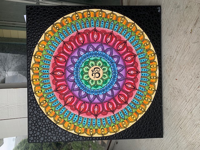 Colorful Mandala with Ohm and Swarovski- Medium=Acrylic on Canvas - 24" x 24". $450