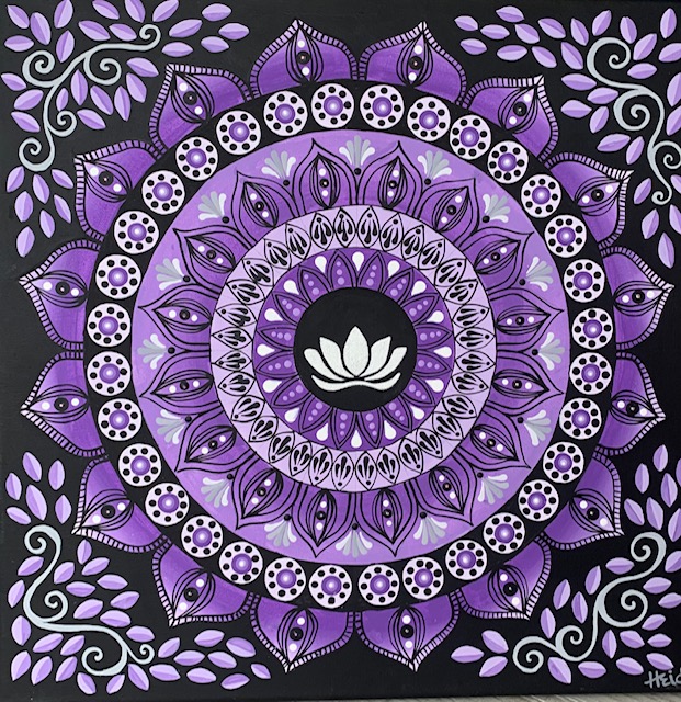 Purple Mandala with Lotus & Swarovski Crystals - Medium=Acrylic on Canvas - 20" x 20". $300