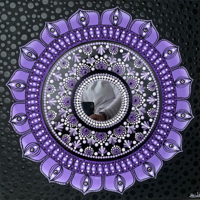 Purple Mandala with Painted Vinyl Record and Mirror with Crystal - Medium=Acrylic on Canvas - 20" x 20". $300