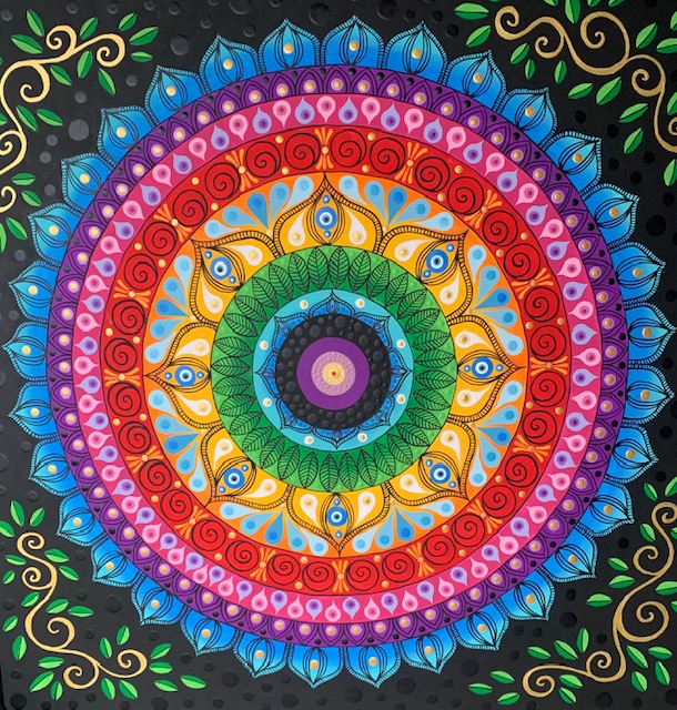 Rainbow Mandala - Medium=Acrylic on Canvas - 36" x 36".  Protection, balance, abundance. $700