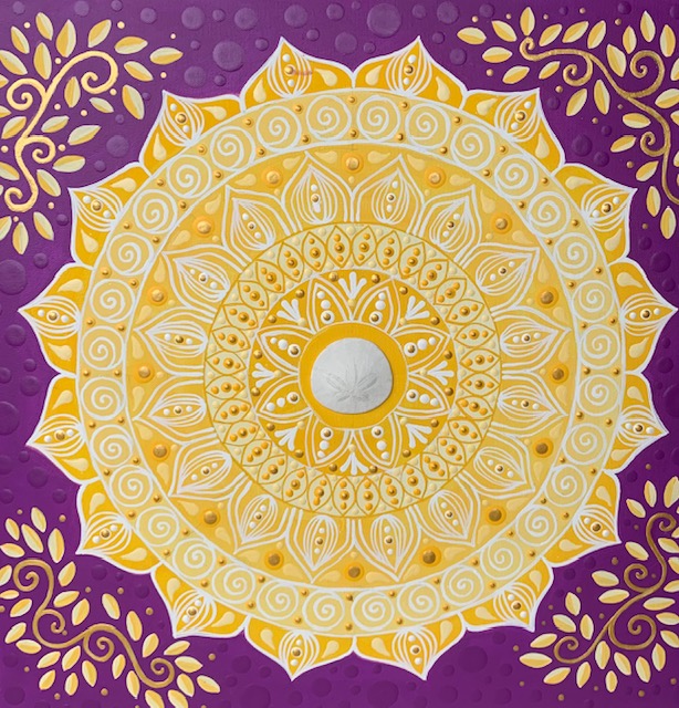 Yellow Mandala with Sand Dollar- Medium=Acrylic on Canvas - 20" x 20".  $300